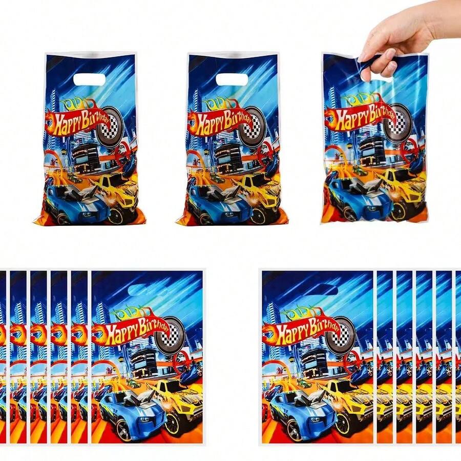 10 pièces Sacs cadeaux thème course automobile, sacs cadeaux pour fête d'anniversaire, décorations de fête, sacs surprises en plastique, sacs cadeaux nacrés, fournitures d'emballage pour fête d'anniversaire