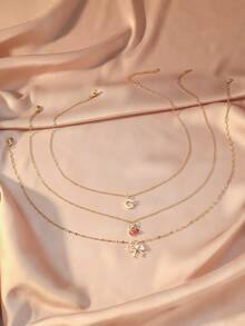 3pcs/Set! Elegant Sparkling Rhinestone Butterfly & Cherry Pendant Necklace Set, Suitable For Girls Daily, Dates, Parties, Gifts, Vacations, Banquets And Everyday Wear