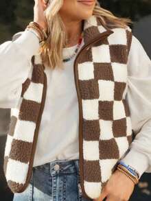 Ins Style Checkerboard Fleece Vest For Women, Cropped Sleeveless Jacket, Retro Square Grid Pattern Loose Waistcoat, Autumn/Winter - Chocolate Brown - View 4