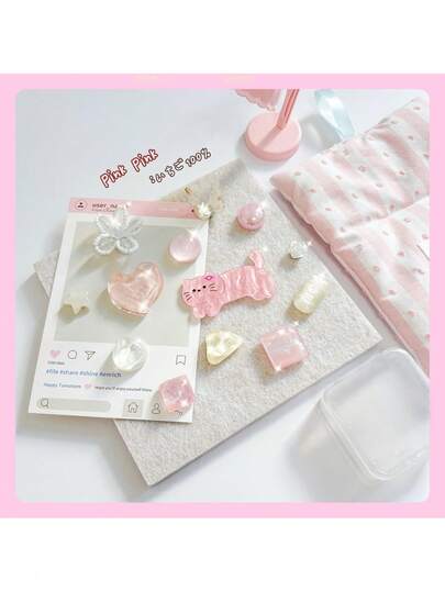 1 Set (6pcs) Pink Cat & Butterfly Glitter Starry Sky Decorative Push Pins For Felt Board, Photo Wall, Girls