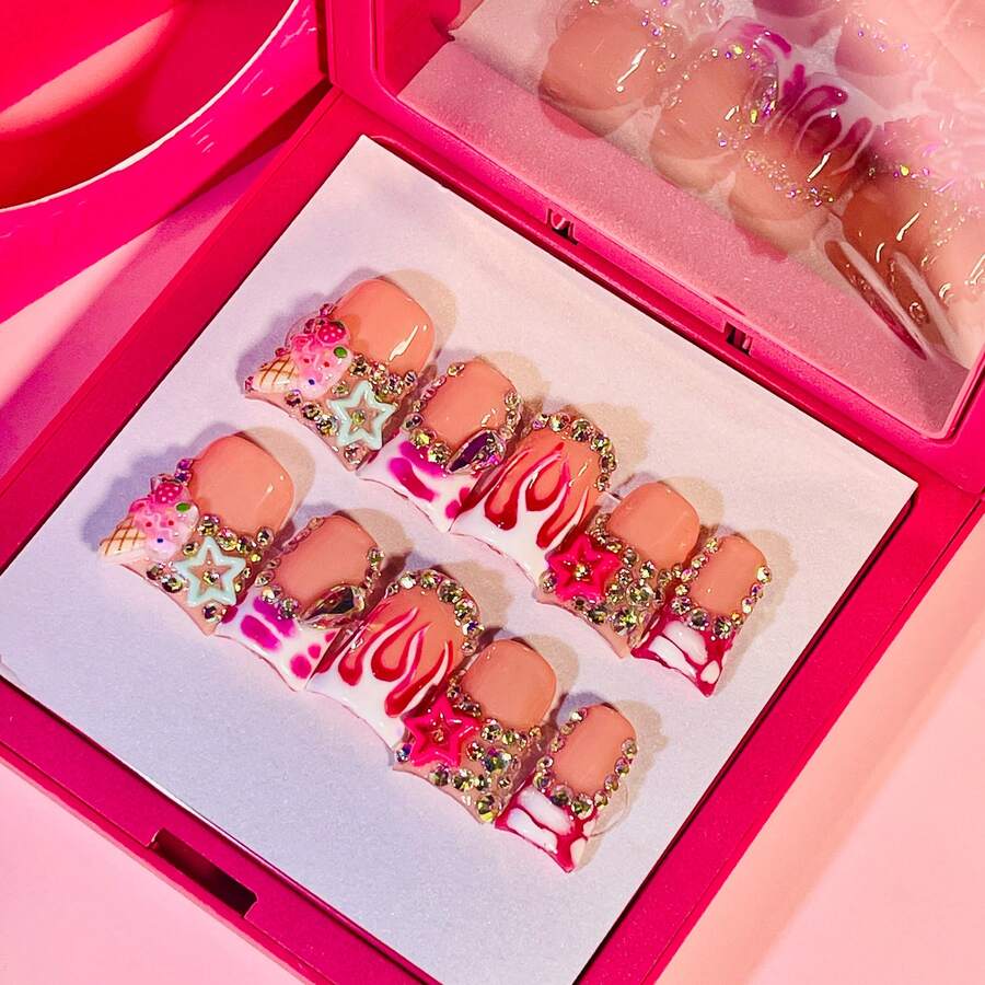 NailLuxe 10 PCS Handmade Duckbill Press - On Nails | SweetStarGlam With Acrylic Star Rhinestones, Swirl Patterns & Crystal Accents - Red and White - View 1