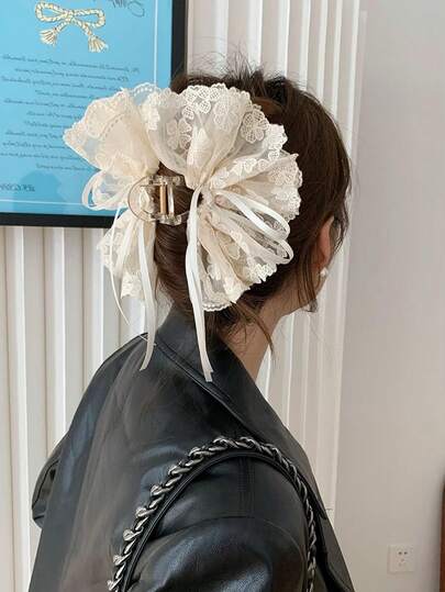 1Pc Lace Bow Hair Claw, French Sweet - Style Hair Accessory, Versatile Bun Claw For Daily/Dating/Photo Shoot