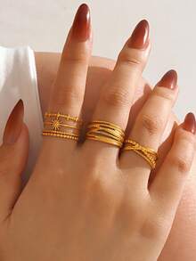 3pcs Stainless Steel 18K Gold Plated Chic Sun Line Design Rings, Suitable For Women's Daily Wear Luxury Jewelry - Multicolor - View 3