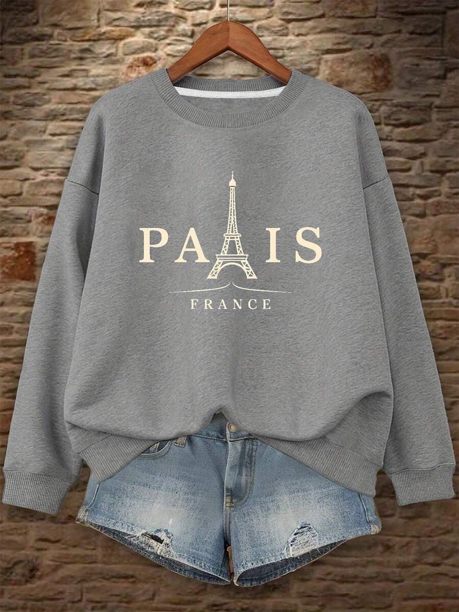2025Women's Plus Size Paris Eiffel Tower Graphic Sweatshirt - Heather Gray Casual Long Sleeve Round Neck Pullover, Machine Washable Autumn Winter French-Inspired Top, Everyday Comfort Apparel |   Opaque MaterialSoft And Breathable - 灰色 - 查看 1