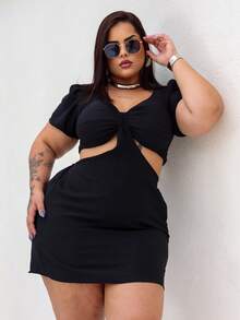 VESTIDO DE MANGA PLUS SIZE VERÃO TECIDO SOLTINHO DECOTE FRANZIDO SEXY CONFORTO LOOK VERÃO CURVE G1 E G2 - PRETO DUNA - Visão 7