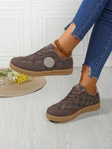 女士系带休闲运动鞋，纯色，平底，户外运动休闲跑步鞋，春秋季 - 棕色 - 查看 6