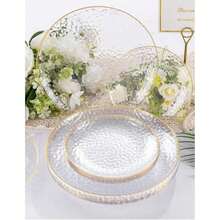 50/25/12 Heavy-Duty Transparent Plates - Elegant Gold Borders, Stackable And Space Saving Design, Durable Plastic Plates For Weddings, Birthday Parties, Outdoor Banquets, Daily Meals - Perfect For Formal And Casual Events, Party Utensils, Corrugated Textures, Sturdy Structures, Multifunctional Utensils, Event Planners, Family Artists, Holiday Celebrations, - 透明 - 查看 1