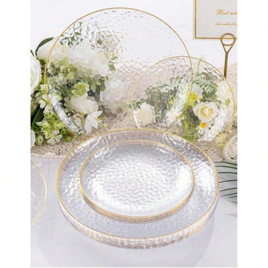 50/25/12 Heavy-Duty Transparent Plates - Elegant Gold Borders, Stackable And Space Saving Design, Durable Plastic Plates For Weddings, Birthday Parties, Outdoor Banquets, Daily Meals - Perfect For Formal And Casual Events, Party Utensils, Corrugated Textures, Sturdy Structures, Multifunctional Utensils, Event Planners, Family Artists, Holiday Celebrations, - 透明 - 查看 1