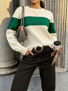 Suéter feminino listrado de malha com contraste de cores, uso diário, outono/inverno