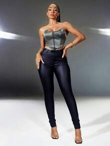 Apperloth A Street High Waist Slant Pocket Double Button PU Leather Skinny Stretchy Tapered Pants Punk Music Festival Halloween Costumes For Women - Blue - View 6