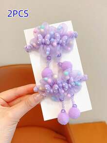 2 件/套女孩紫色花朵流苏绒球卡通发圈，不会损坏发带 - 紫色 - 查看 13