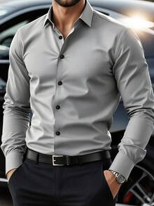 Men's Casual/Formal Light Gray Shirt, Single Breasted Button Up, Collared, Suitable For Office, Party, Casual, Versatile, For Fall, Long Sleeve Top - Grey - View 2