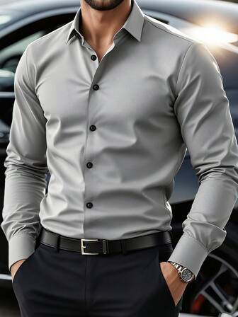 Men's Casual/Formal Light Gray Shirt, Single Breasted Button Up, Collared, Suitable For Office, Party, Casual, Versatile, For Fall, Long Sleeve Top