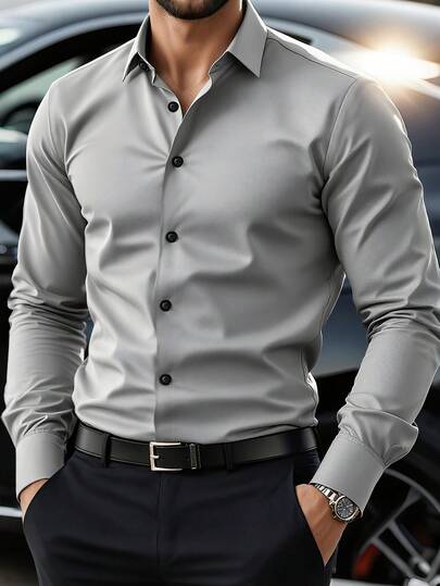 Men's Casual/Formal Light Gray Shirt, Single Breasted Button Up, Collared, Suitable For Office, Party, Casual, Versatile, For Fall, Long Sleeve Top