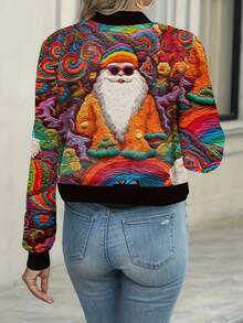 Women's Christmas Santa Claus Print Ribbed Collar Jacket, Lightweight Baseball Jacket For Autumn/Winter