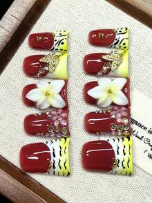 10pcs/Set Handmade Wearable Nail Art, Press-On Nails, French Manicure Style, Shiny Leopard Print, 3D Flowers, Polka Dots, Butterflies, Gift Set With Reusable Accessories Handmade Press On Nails - Multicolor - View 5