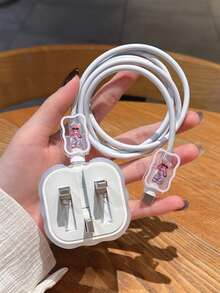 Bộ 3 vỏ bảo vệ cáp sạc dữ liệu họa tiết sóng, thiết kế hình gấu bằng kính sơn UV, phù hợp với bộ sạc nhanh Apple 20W của Anh - Nhiều màu - Xem 3