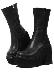 Women Combat Boots Platform Chunky High Heeled Zipper Ankle Design Brand Punk Gothic Motorcycle Shoes 2025 Winter Halloween Boots - 黑色 - 查看 2
