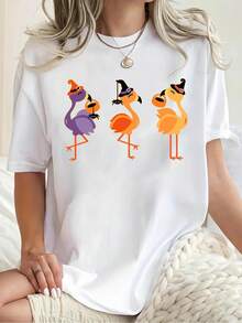 Plus Size Halloween Flamingo T-Shirt Women's Festive Bird Design For Party And Casual Wear 220g
