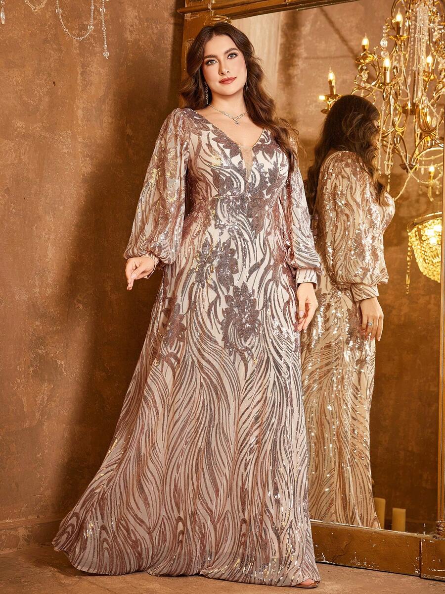 V-Neck Long Sleeve Luxurious Heavy Sequin Embellished Fitted Waist Bodycon Evening Gown - Champagne - View 1