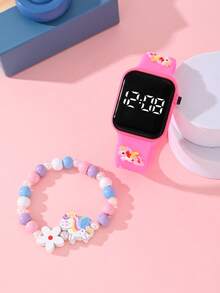 2 款女孩款独角兽蝴蝶美人鱼时尚百搭儿童手表。适合学生时尚学习用品。方形 LED 手表，价格实惠，适合返校季。手链式数字电子手表和串珠独角兽蝴蝶美人鱼手链。 - 玫紅色 - 查看 3