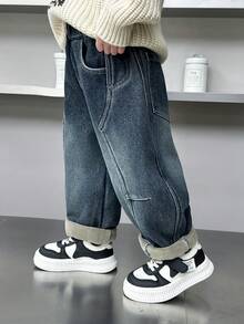 Young Boys' Loose Fit Thermal Lined Thick Denim Jeans, Suitable For Casual, School, Outdoor Wear In Autumn/Winter - Blue - View 3