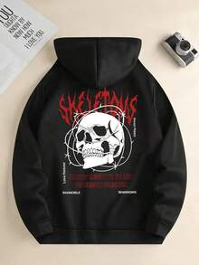 Skull Head Print  Pocket Hoodie, Casual Long Sleeve Hoodies Pullover Sweatshirt, Men's Clothing, For Fall Winter,Fall Hoodies,Men's Fall Clothes,Street Wear,Halloween,Mens Hoodies,Y2k Clothes,Jesus Hoodie,Thanksgiving Day,Nightmare Before Christmas,Christmas - 黑色 - 查看 1