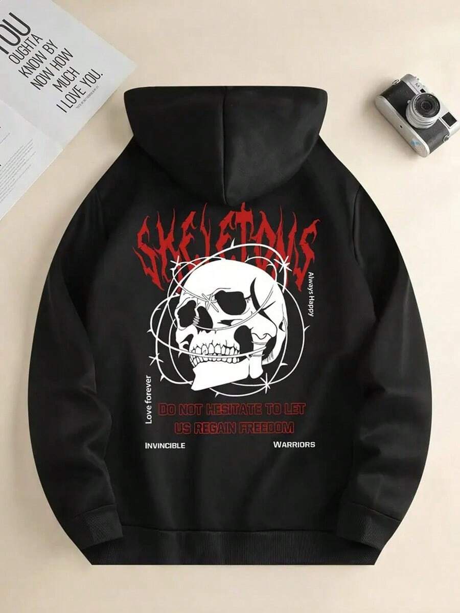 Skull Head Print  Pocket Hoodie, Casual Long Sleeve Hoodies Pullover Sweatshirt, Men's Clothing, For Fall Winter,Fall Hoodies,Men's Fall Clothes,Street Wear,Halloween,Mens Hoodies,Y2k Clothes,Jesus Hoodie,Thanksgiving Day,Nightmare Before Christmas,Christmas - 黑色 - 查看 1