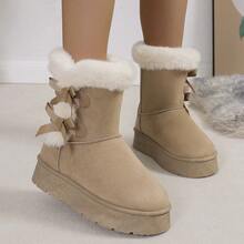 女士时尚百搭拼接金属扣拉链纯色圆头短踝带粗跟短靴，时尚休闲日常穿着，麂皮材质，秋冬季，毛绒靴，雪地靴