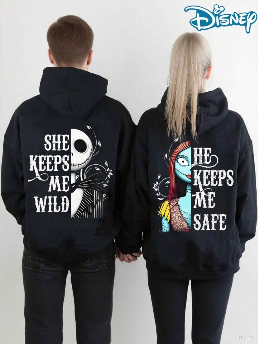 Disney 2025 Disney Halloween - Christmas Eve Nightmare Jack And Sally Couple Hoodies - Loose-Fit, Front Pocket Casual Wear, Suitable For Both Men And Women.