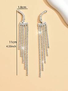 1 Pair Women's Elegant Versatile Wedding Long Tassel Fully Rhinestone Earrings