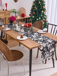 1 buc. Față de masă jacquard cu ciucuri și motive florale negre, față de masă dreptunghiulară în stil vintage american rustic, potrivită pentru zi cu zi, sărbători, reuniuni de familie, nunți, banchete, decorațiuni interioare, consumabile hoteliere de înaltă calitate, ceai de după-amiază - Negru - Vizualizare 9