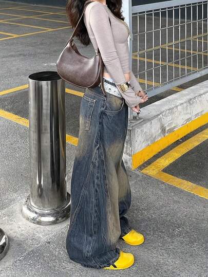 YUMINOW Women's Casual Washed Vintage Wide Leg Jeans With Pockets, Boyfriend Style Denim Pants
