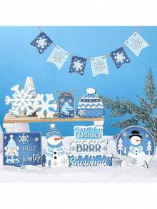 Conjunto de 14 peças de decoração de bandeja em camadas para inverno, conjunto de decorações de bandeja em camadas com boneco de neve, floco de neve, placas de madeira rústicas azuis, peças centrais de mesa para festa de inverno, decoração de centro de mesa para festa de Natal, decoração de casa de Natal - Multicolorido - Ver 4