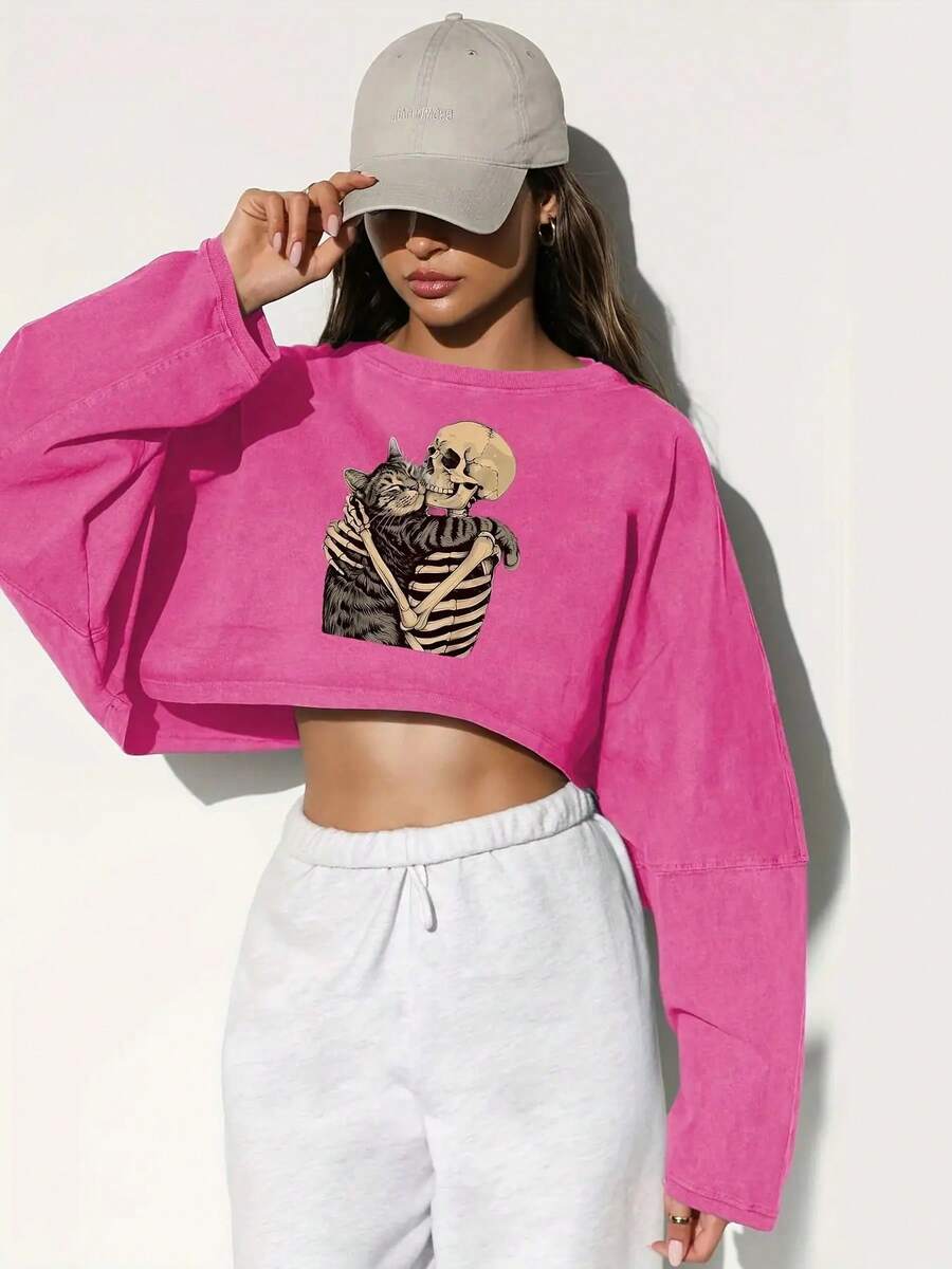 Spooky Cute Skeleton Cat Hug Women's Crop Top - Long Sleeve Pink Crew Neck Sweatshirt, Graphic Print, Perfect For Halloween, Casual Wear, Or Goth Aesthetic, Soft And Comfortable, Relaxed Fit, Gift For Cat Lovers, Halloween Enthusiasts, And Women.-Rose Red All-Match Sexy Autumn Style - 瑰紅色 - 查看 1