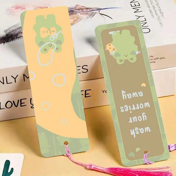 2 piezas de marcapáginas impresos por ambos lados, con diseño de rana de dibujos animados - Marcapáginas de material PET duradero para lectura, marcado de páginas, ideal para amantes de los libros, regalos festivos, regalos navideños, suministros para el hogar/oficina/estudio, incluye borla de color aleatorio