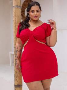 PLUS SIZE SUMMER SLEEVE DRESS LIGHTWEIGHT LOOSE FABRIC RUFFLED NECKLINE SEXY COMFORT SUMMER LOOK CURVE G1 AND G2 - RED DUNE - View 7