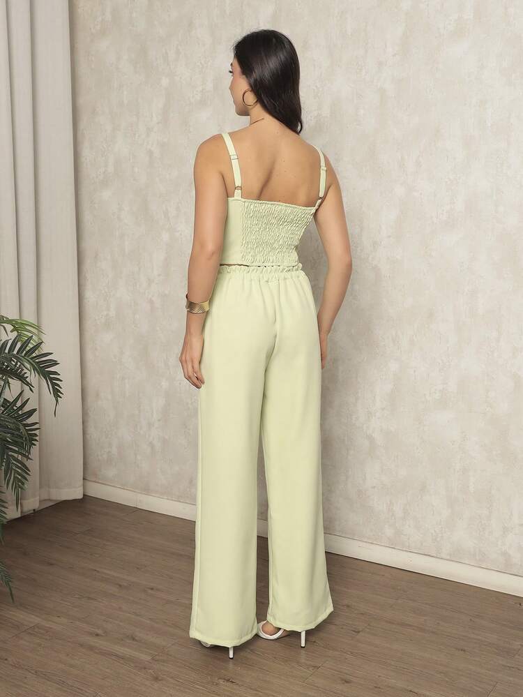 Women's Cropped Set And Simple Pantaloons, Casual, Elegant, Pocket, Ruched Office - 綠色 - 查看 2