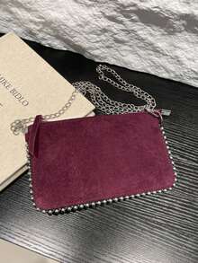 Handmade Chain Strap Shoulder Bag, Versatile & Multifunctional, Metallic Silver Color, Baguette Underarm Handbag, Shoulder/Crossbody Bag, Zipper Closure - Grey - View 8