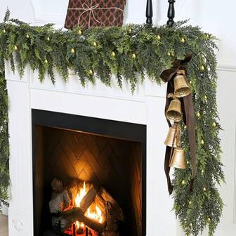 1 pieza Guirnalda navideña con luces, guirnalda de cedro artificial realista, gruesa y de pino falso para chimenea, pared, fiesta, decoración navideña interior y exterior