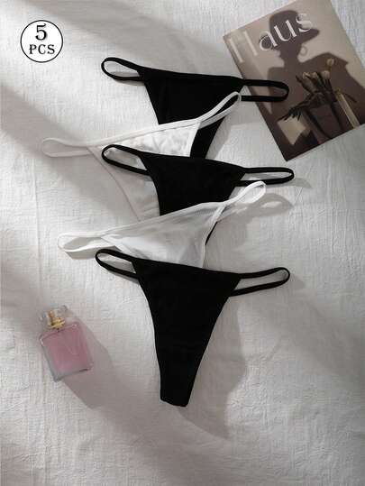 5pcs Women Underwear Ribbed Thongs Sexy Panties Tie Knickers Casual Underpants Romantic G-String Panty Lingerie