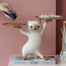 Resin Cat Decorative Tray Figurine Enchanting Dancing Funny Statue For Home Bedroom Office Entrance Table Decor Sculpture For Candy Snacks Key Gadgets Storage Gray