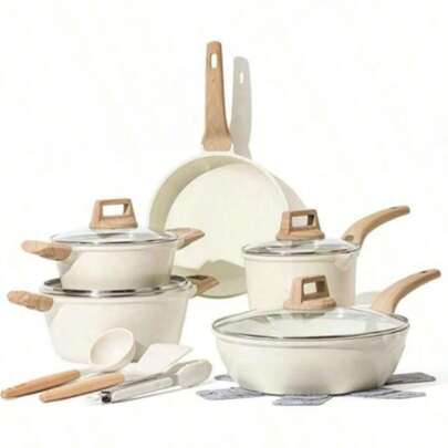 A Set Of Non Stick Cookware - White Granite Surface, Suitable For Induction Cookers, Including Frying Pans And Stew Pots, Soup Pots With Lids, Suitable For Home Kitchen Use