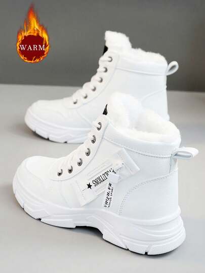 2025 Winter Women Snow Boots, White, Plush Lining, Thick, Warm, Platform, Fashion, Versatile, Student, Casual, Sports