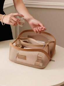 1pc Nylon Mesh Cosmetic Bag, Travel Cosmetic Storage Bag, Breathable Toiletries Storage Bag, Macaron Color Storage Bag, Stationery Storage Bag, Large-Capacity Travel Cosmetic Bag, Convenient Handbag, Suitable For Storing Toiletries, Electronic Data Cables, Makeup Brushes And Tools, Multi-Functional Storage Bag, Home Storage Necessities, Vacation Travel Necessities, Dormitory Necessities.