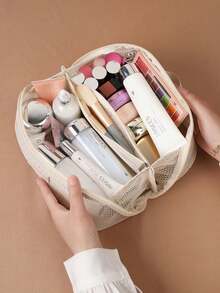 1pc Nylon Mesh Cosmetic Bag, Travel Cosmetic Storage Bag, Breathable Toiletries Storage Bag, Macaron Color Storage Bag, Stationery Storage Bag, Large-Capacity Travel Cosmetic Bag, Convenient Handbag, Suitable For Storing Toiletries, Electronic Data Cables, Makeup Brushes And Tools, Multi-Functional Storage Bag, Home Storage Necessities, Vacation Travel Necessities, Dormitory Necessities.