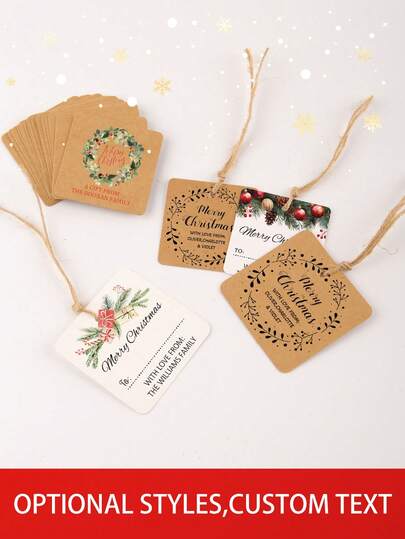 10/20/50pcs Customized Christmas Gift Tags, 5cm/6cm Square Kraft Paper Cards, Customizable Text, Wreath Pattern, Floral, Apparel Gift Cards, Suitable For Holiday Gift Decoration Tags, Flower Decoration Tags, Bottle Decoration Tags, Dessert Packaging Decoration Tags, Also Suitable For Holiday Gifts, Holiday Decorations, Gifts For Kids, Daughters, Fathers, Mothers, Grandparents, Family And Couples