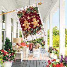 1pc Double-Sided Linen Welcome Gingerbread Couple Christmas Garden Flag - Weather-Resistant Outdoor Holiday Decoration With Festive Gingerbread Men, Red Berries & Golden Accents, No Electricity Needed For Lawn, Yard, Or Porch, Christmas Decorations Outdoor, Yard Decoration, Seasonal Home Accent