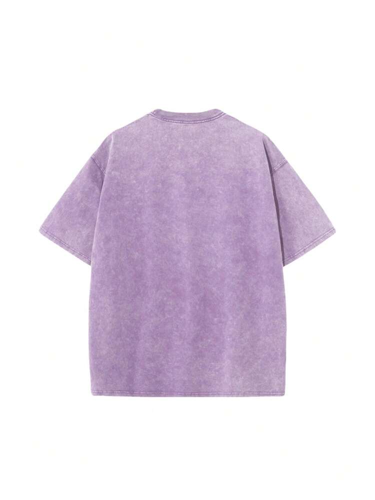 1 PcsShort Sleeve T-Shirt Vintage Wash Tee Black Teeth Graphic Print Casual Daily Wear - Violet Purple - View 2