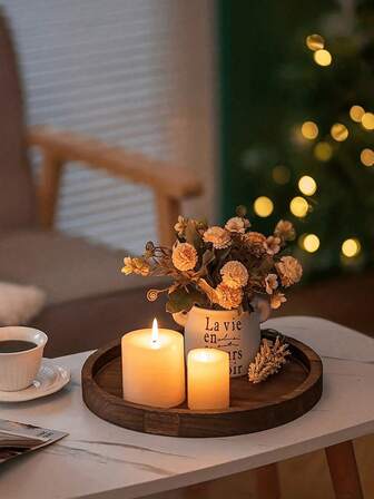 1pc Wooden Holiday Birthday Party Decor Tray, Farmhouse Candle Holder, Distressed Tray, Living Room Vintage Wooden Round Serving Tray